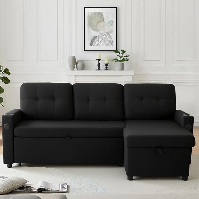 82 Pull Out Sofa BedL-Shape Modern Sleeper Sofa Upholstered Sectional Couch with USB Port and Side Pockets for Living RoomGuest Room (Black)