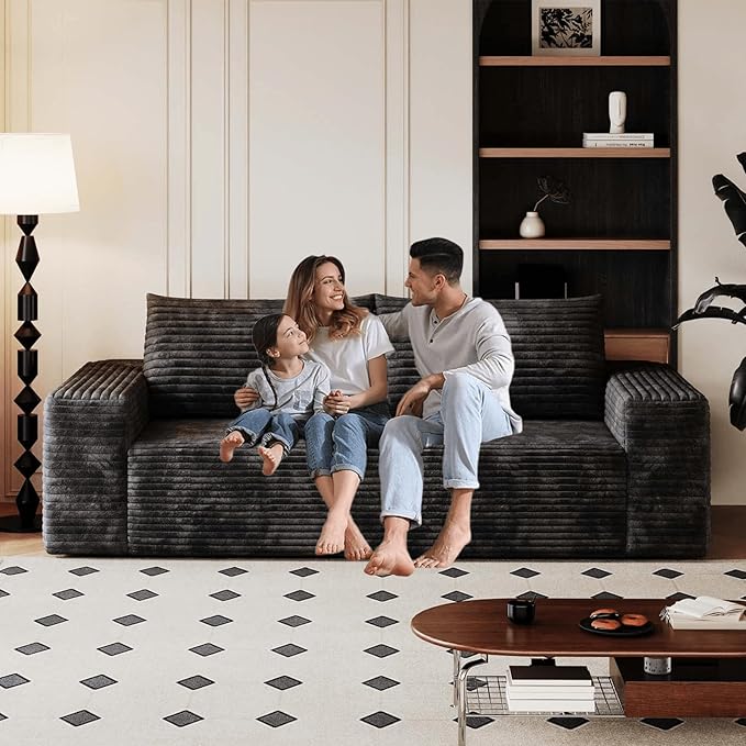 71 Cloud Loveseat Sofa Modern Corduroy Boneless Couch with Deep Seat Memory Foam Comfy 3 Seater Foam Floor Couches for Living Room Bedroom Apartment No Assembly Required (Black 71+3 Seaters)