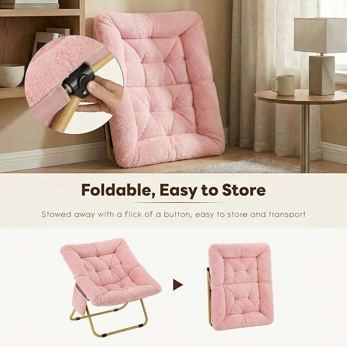 Folding Saucer Chair Comfy Reading Chair with Soft Thick Padded Seat Plush Faux Fur Lounge Chair for Small Space Bedroom Dorm Living Room X-Large Lazy Chair for Adults Teens Kids