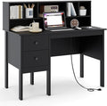 LDAILY Modern Home Office Desk with Hutch Office Desk with USB Charging Ports and Power Outlets Computer Desk with 5 Storage Cubbies and 2 Drawers Writing Study Desk for Bedroom (Black)