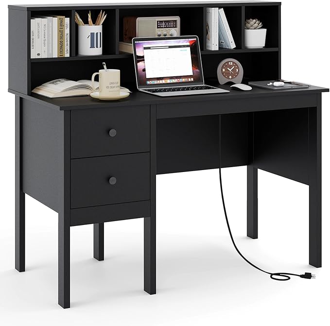 LDAILY Modern Home Office Desk with Hutch Office Desk with USB Charging Ports and Power Outlets Computer Desk with 5 Storage Cubbies and 2 Drawers Writing Study Desk for Bedroom (Black)