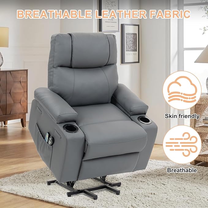 Power Lift Recliner Sofa Chair Electric Stand Assit for Elderly People Leather Reclining Chair with Cup Holders Massage &amp Heat Functions Living Room or Bedroom Furniture for Resting Gray