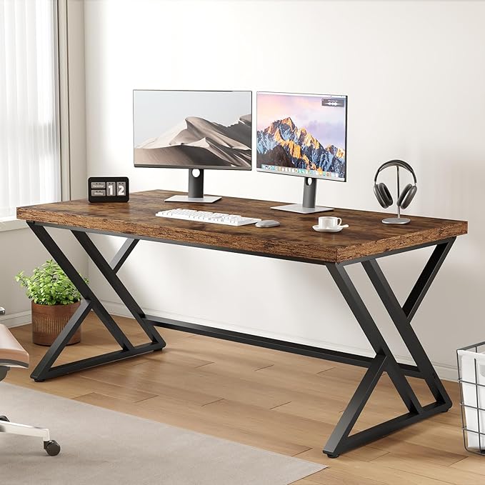 LVB Rustic Computer Desk Metal Wood Home Office Desk Industrial Simple Study Executive Desk for Writing Work Wooden Student Gaming Computer PC Table with Storage for Bedroom 55 Inch Rustic Brown