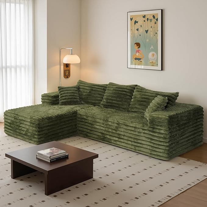 103 L Shaped Sectional Boneless Couch for Living Room Modern Modular Cloud Sofa with Left Facing Chaise Comfy Deep Seat Memory Foam Couch in Box No Assembly (5CM Wide Striped Corduroy Green)