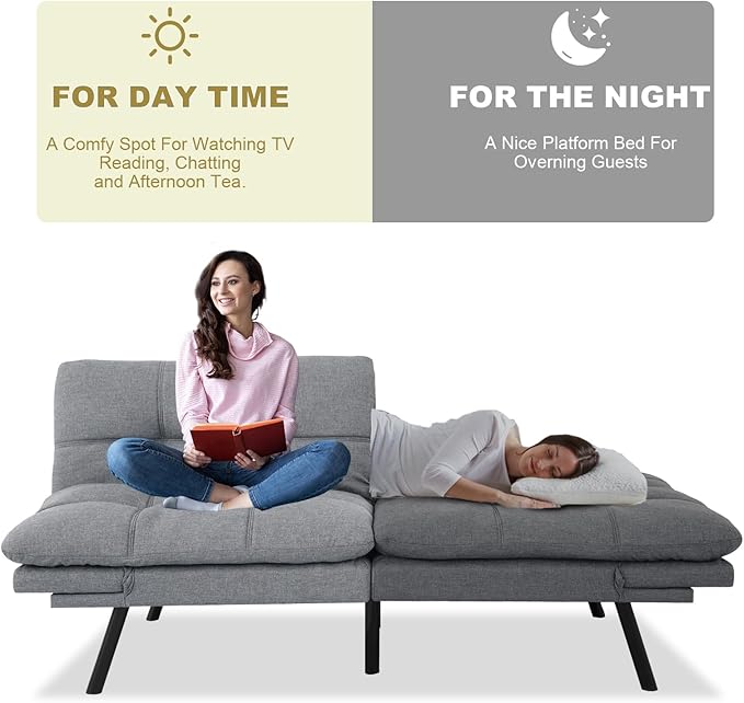 MUUEGM Convertible Futon Sofa Bed Memory Foam Futons Couch Bed 71 Adjustable Backrests and Armrests Sleeper Sofa Modern Love Seat Couch Bed for Living Room Small Space Office Light Grey