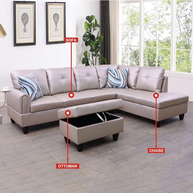 Latte L-Shaped 3-Piece Faux Leather Sofa with Storage Ottoman Set Sectional Couch Sofa Set for Living Room Office Small Space