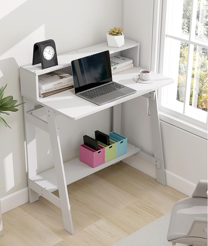 Small Desk for Bedroom Computer Desk Office Desk with Storage Corner Desk for Small Space White