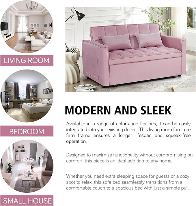 3 In 1 Velvet Convertible Sofa Bed Pull Out Couch Bed with Reclining Backrest And 2 Pillows 54 Full Size Loveseat Sleeper Sofa Futon Couch Bed Couches For Small Spaces Living Room (Pink)