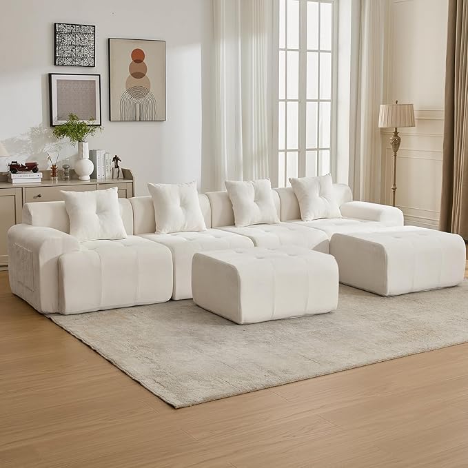 129.23”Modular Sectional Couch for Living Room Modren L-Shape Cloud Sectional 4-Seater Sofa with 2 Movable Ottomans Woven Texture Upholstery Boneless Couch No Assembly Beige