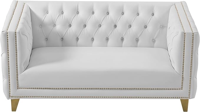 Meridian Furniture 651White-L Michelle Collection Modern | Contemporary Loveseat with Deep Button Tufting Gold Nailhead Trim and Sturdy Gold Iron Legs White Vegan Leather 66 W x 34 D x 30 H
