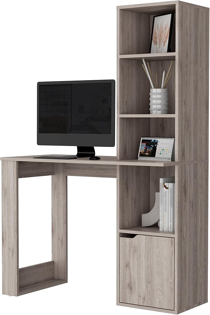Home Office Desk Computer Desk with 4-Tier Bookcase and 1-Door Cabinet Gray