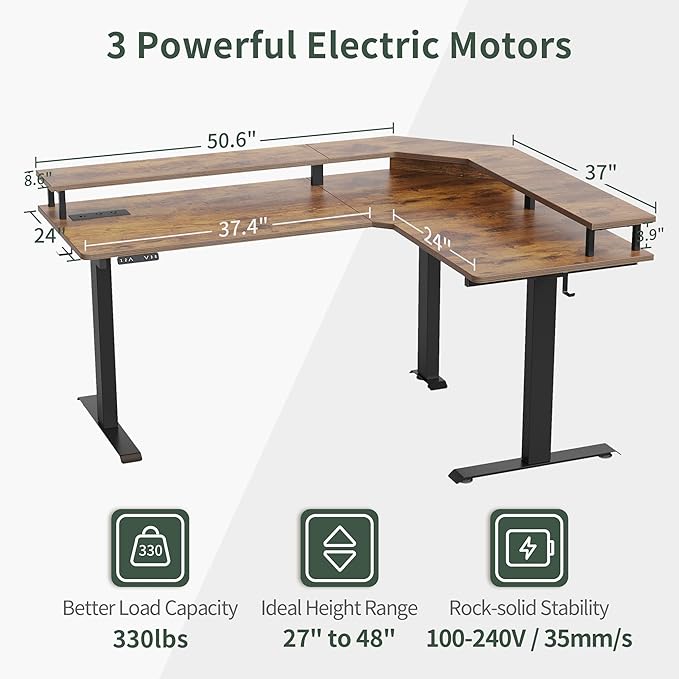 FEZIBO 63 Triple Motor L Shaped Standing Desk with LED Strip &amp Power Outlets Height Adjustable Stand up Corner Gaming Desk with Ergonomic Monitor Stand Rustic Brown Top/Black Frame