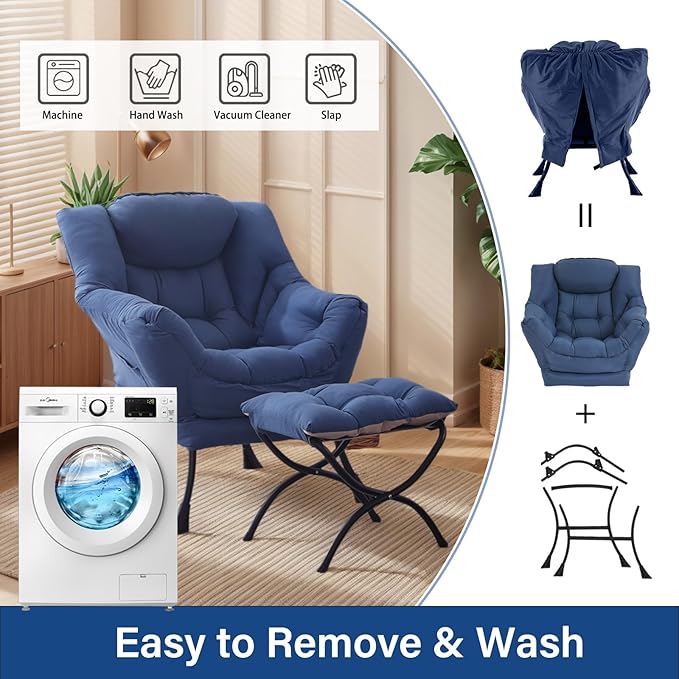 Lazy Chair with Ottoman Large Royal Blue Accent Chair with Ottoman Comfy Reading Armchair Leisure Sofa Chair for Living Room Bedroom Dorm Room Office