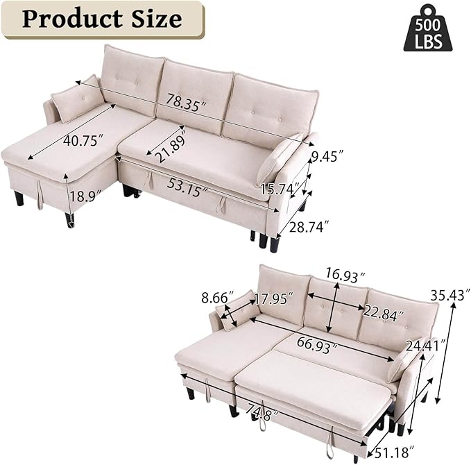 78 L-Shaped Sleeper Sofa Bed Couch 3-Seater Reversible Pull Out Couch Bed with Storage Chaise Lounge Cotton-Linen Pullout Sofabed Sectional Couches for Living Room Apartment Beige