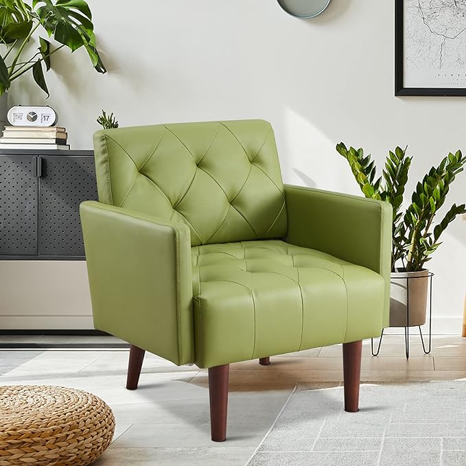 Faux Leather Accent Chair Modern PU Armchair Retro Tufted Upholstered Arm Chair Comfy Leather Club Chair Single Sofa for Living Room Bedroom Reading Room Apartment(Green)