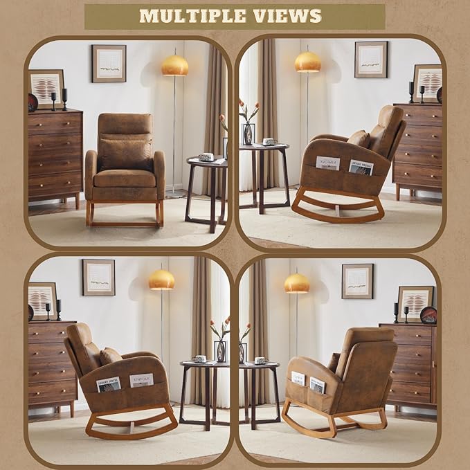 VINGLI Rustic Microfiber Nursing Rocking Chair with Thick Headrest Upholstered Mid-century Modern Nursery Rocker Glider with Curved Armrest Sturdy Solid Wood Base for Living Room Bedroom Baby Room