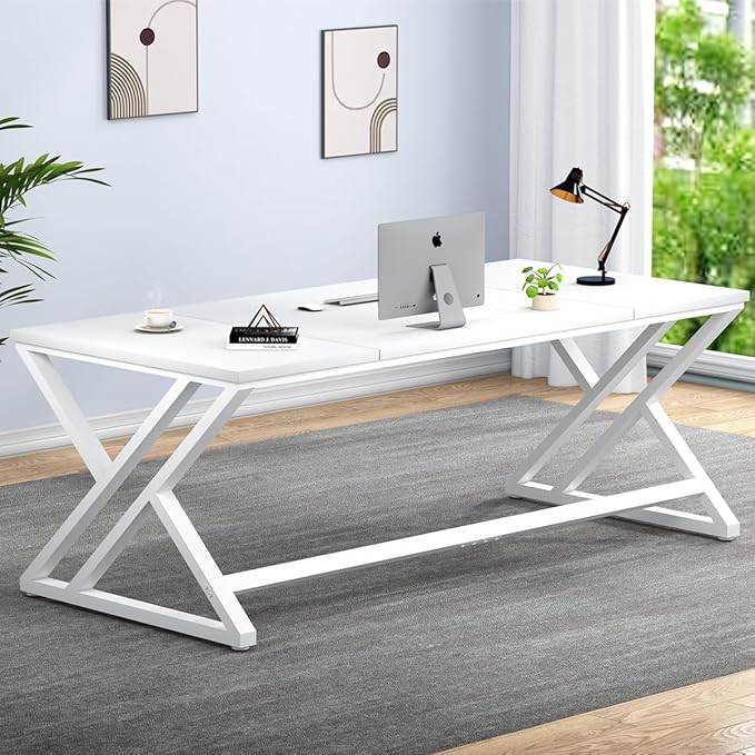 LVB White Long Computer Desk Modern Large Wood Metal Office Desk Farmhouse Pc Study Work Writing Desk for Two Person Rustic Double Workstation Executive Desk for Home Bedroom Living Room 70 Inch
