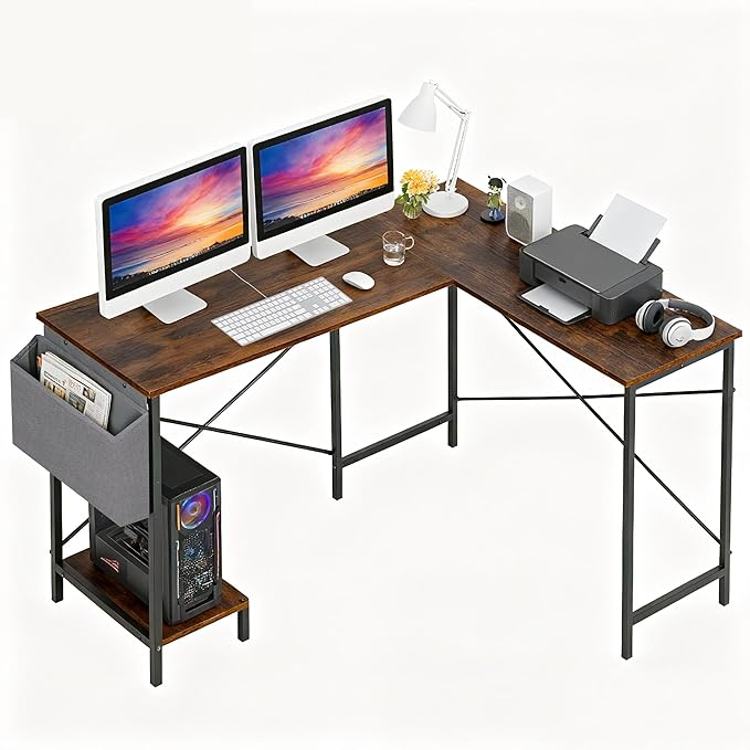 PayLessHere 50 Inch L-Shaped Computer DeskGaming Desk with Durable Metal FrameCorner Desk with Side Storage Bag &amp CPU Stand for Home Office Gaming StudyBrown