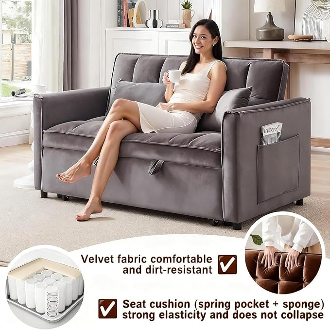 3 in 1 Sofa Bed Love Seat Sleeper Bed with Side Pockets Velvet Fabric Pull Out Couch with Adjustable Backrest for Living Room Bedroom Apartment Deep Gray