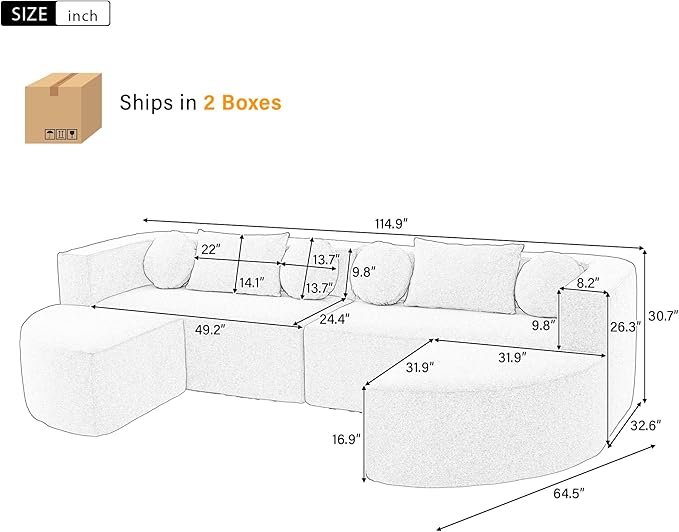 Boneless Couch Modular Sectional Sofa 114.9 Free-Combined Sofa Couch Sofa Bed Compression Sofa with Deep Seating and Curved Design for Living Room (Grey#20)