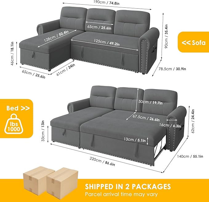 Sleeper Sofa Bed 87'' Sectional Couch with Reversible Storage Chaise &amp Nailhead Armrest Pull Out Couches for Living Room Side Pocket &amp Charging Station Removable Backrest Velvet Fabric D