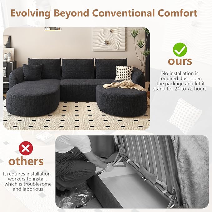 111 U Shaped Modern Modular Sectional Curved Sofa with Ottoman Minimalist Style Comfy Cloud Couch for Living Room Apartment No Assembly Required Boneless Couches (BlackLeft Facing Chaise)