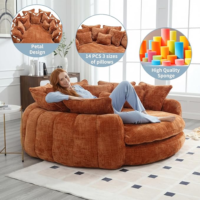 81 Oversized Round Sofa Bed Large Chenille Bean Bag Chair No Assembly Required Cloud Couch Fluffy Plush Chaise Lounge Chair Indoor Modern Sleeper Sofa with Deep Seat for Living Room (Orange)