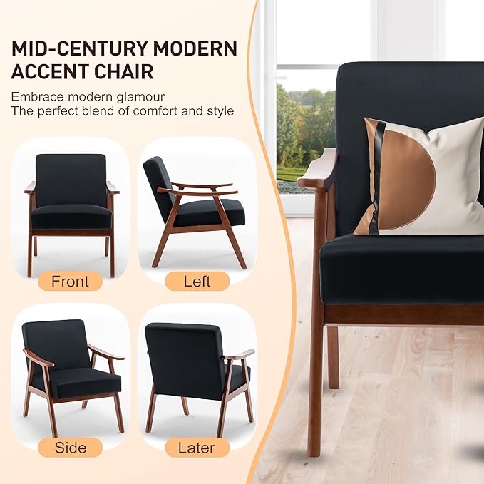 Mid Century Modern Chair Living Room Chair with Solid Wood e Accent Chair Extra Thick Backrest Wingback Chair for Bedroom Reading Room Living Room Lounge Chair Indoor