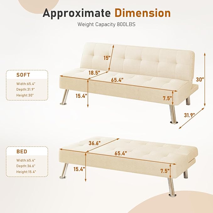 Furnimart Futon Sofa Bed 66 Corduroy Convertible Futon Couch with 3-Position Adjustable Backrest Solid Wood Frame Sleeper Sofa for Small Space Living Room Apartment Office Beige