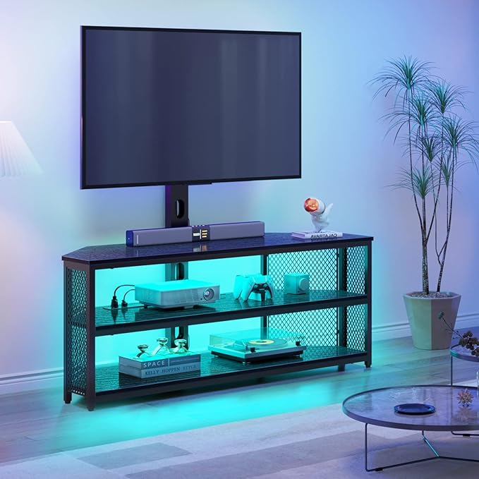 Rolanstar TV Stand with Mount and Power Outlet Swivel TV Stand with LED Lights for 32/45/55/60/65/70 inch TVs Black Entertainment Center Media Console with Height Adjustable Mount