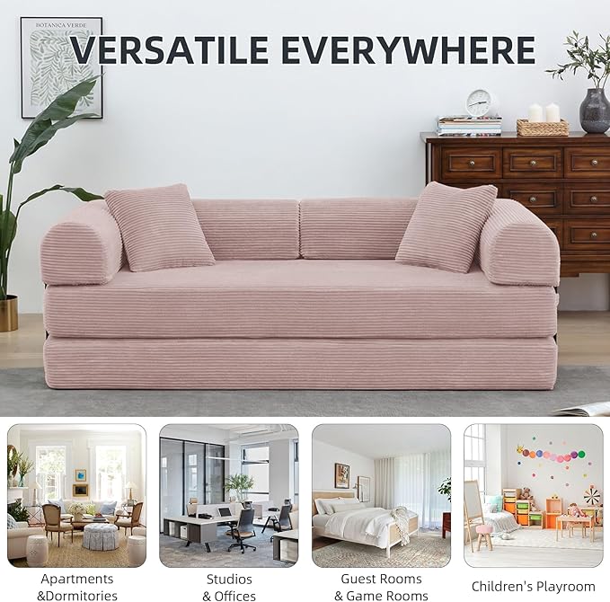 Convertible Folding Sofa BedFold Out Floor Sofa Couch with Fixed-Shape FrameCorduroy Foldable Mattress Cloud Couch for Living Room Bedroom (Pink 78 Inch)