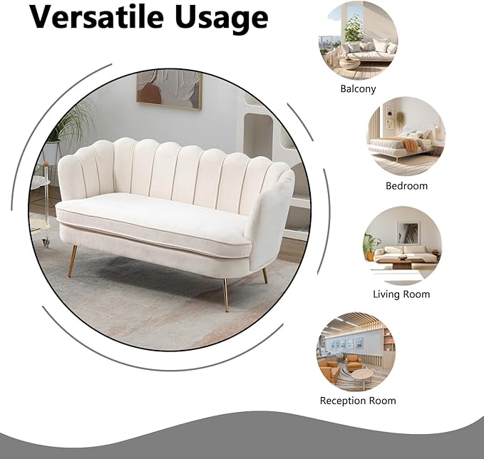 Anwick 59 Small Modern Chenille Loveseat Sofa 2-Seater Sofa with Gold Metal Legs Small Couch with Flower Shaped Back for Living Room Bedroom Office (Beige)