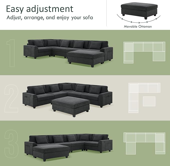128*67 U Shaped Sectional Sofa 6 Seat Chenille Couch Set with Oversized Ottoman Hidden Armrest Storage and Cup Holders USB Charging Ports Wide Seat Sofa for Living Room Apartment Black