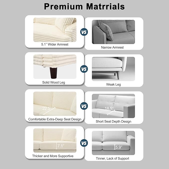 80 Inch Sofa Couch Comfy Love Seat Couches for Living Room Mid Century Modern Oversized Two Seater Couch Plush Corduroy Deep Seat Sofas for Bedroom Small Space Apartment Beige