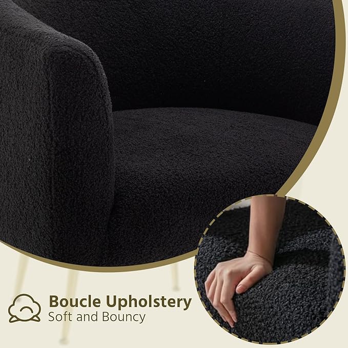 Modern Sherpa Boucle Accent Chair Upholstered Comfortable Armchair with Thicken Cushion Black Metal LegsComfy Reading Chairs for Living Room Bedroom Office(Black)