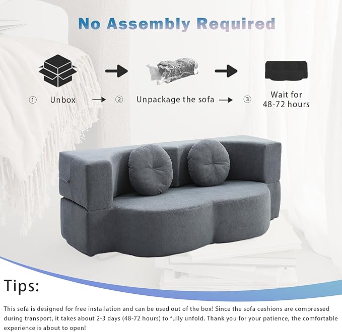 76 Convertible Folding Futon Sofa Bed Queen Sleeper Sofa with Pillow Teddy Fabric Floor &amp Futon Loveseat Couch Foam Folding Mattress Sleeper for Living Room Guest Use OfficeApartment (Grey)