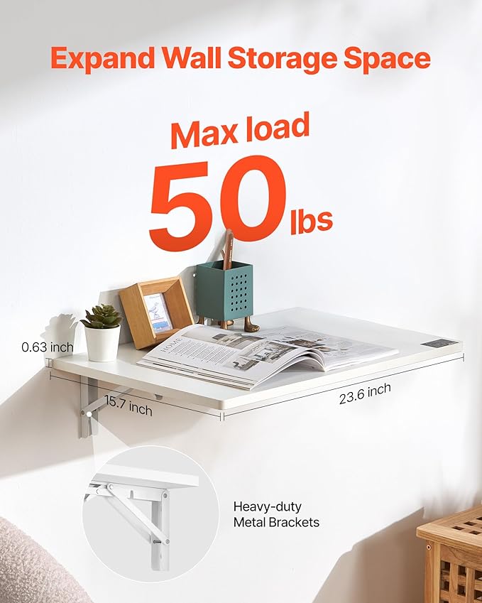 VEVOR Wall Mounted Folding Table 23.6 x 15.7 inches Wall Mount Table Floating Desk with Iron Bracket for Small Spaces Home Office Dining Laundry Room Kitchen Bar White