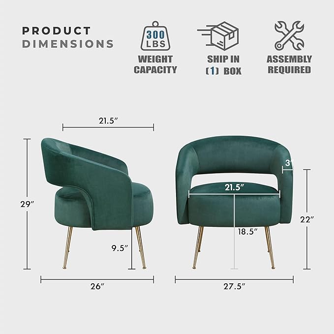 Lexicon Mid-Century Modern Velvet Accent Chair with Open Back Gold Metal Legs Upholstered Curved Barrel Armchair for Living Room/Bedroom/Office Easy Assembly Dark Green