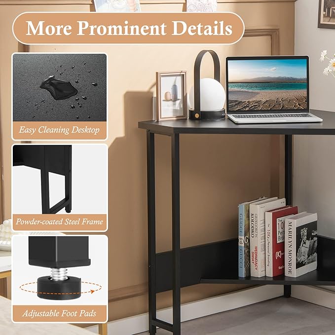 GOFLAME Corner Desk with Power Outlet Triangle Computer Desk for Small Space Space-Saving Writing Desk with Storage Shelf and Charging Station Modern Laptop PC Desk for Home Office Black