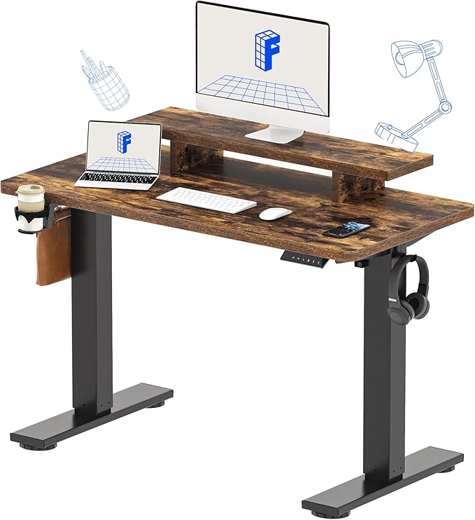 FLEXISPOT Standing Desk with Monitor Stand 48 x 24 Inches One-Piece Electric Height Adjustable Computer Desk with Cup Holder for Home Office Rustic