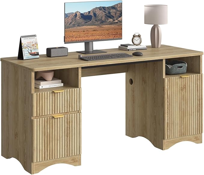 Bestier Computer Desk with 2 Drawer 59 inch Office Desk with Storage Cabinet &amp 2 Open Storage Fluted Executive Desk for Home Office &amp Studio Brown Oak