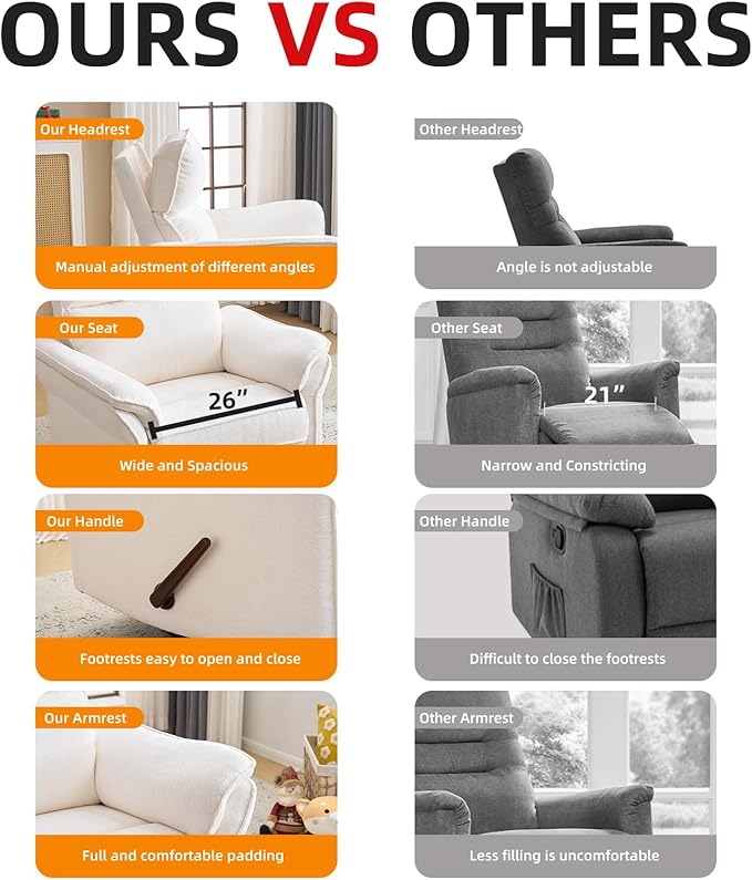 Oversized Recliner Chair 26 Extra Wide 360° Swivel Rocker Recliner with Adjustable Headrest Chenille Glider Rocking Nursery Chair with Overstuffed Armrest Lumbar Support White