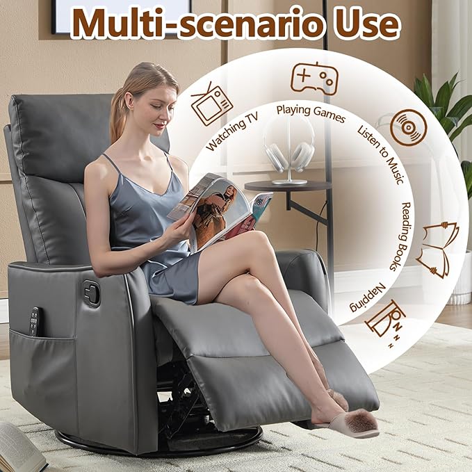 Massage Recliner Chair with Heat Slim Recliners for for Adults Swivel Rocking Chair Recliner with High Back Small Recliner Chair for Small Spaces Living Room Adjustable Footrest (Dark Grey)