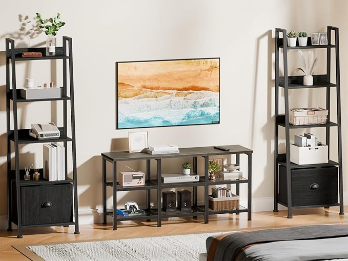 Furologee TV Stand 43 Inch Entertainment Center with 3-Tier Storage Shelves Industrial Media Console Table for TVs up to 50 Inch Television Stands for Living Room Bedroom Light Black Oak