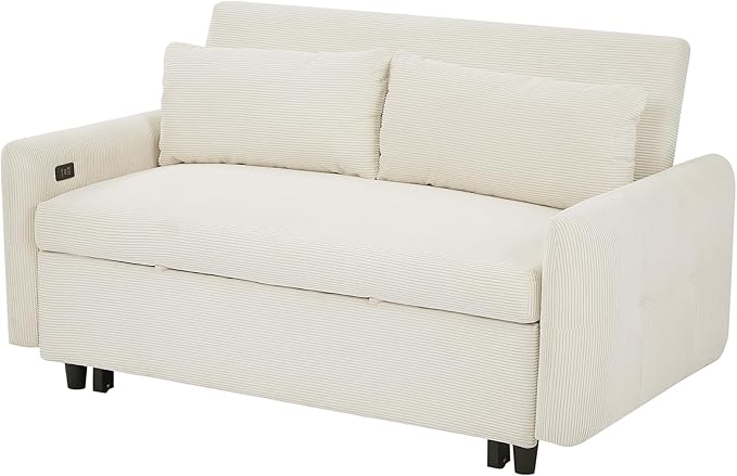 Pull-Out Sofa Bed Convertible Couch 2 Seat Loveseat Sofa Corduroy Fabric Upholstered Sleeper Sofa with 2 Throw Pillows and USB Ports for Living Room Office Apartment (Beige)