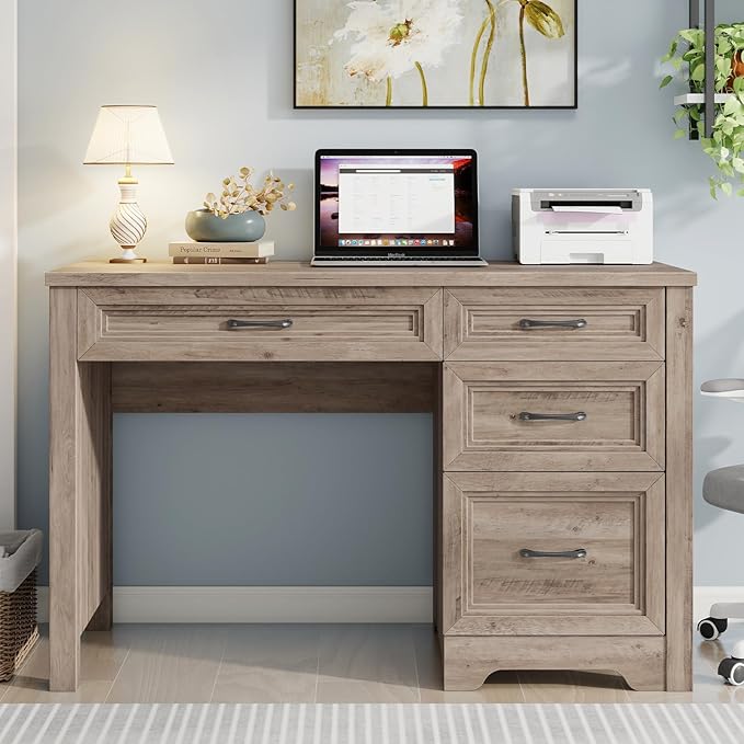 Farmhouse Executive Desk with Drawers Wood Computer Desk with Ample File Drawer Rustic Home Office Desk with Storage for Bedroom Living Room Grey
