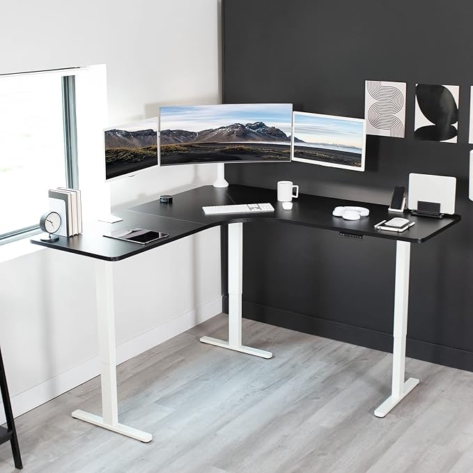 VIVO Electric Height Adjustable 71 x 71 inch Curved Corner Stand Up Desk Black Table Top White Frame Memory Controller L-Shaped Workstation E3C Series DESK-KIT-E3CWB