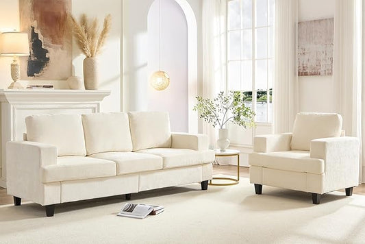 PUREMIND 2 Piece Living Room Sofa Set Chenille Upholstery 3 Seater Couch and Armchair Set Solid Wood Frame Modern Sectional Couches for Living Room Office Apartment