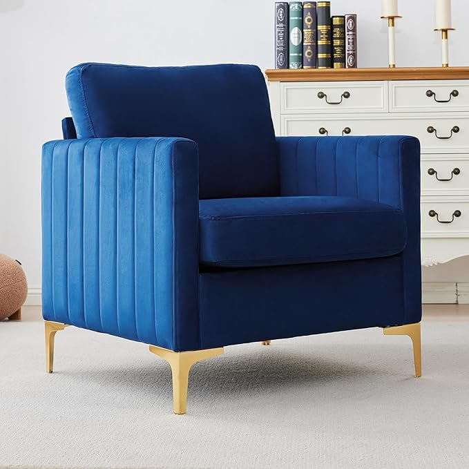 Kiztir Mid-Century Modern Velvet Accent Chair Comfy Upholstered Armchair for Living Room Bedroom Office Studio Lounge (Blue)