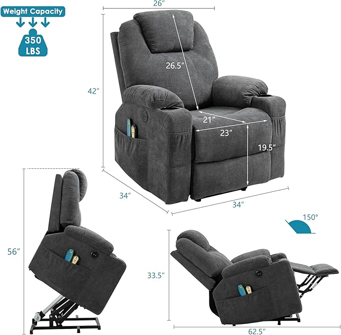 Power Lift Recliner Chair for Elderly Electric Massage Heated Recliner Chair Ergonomic Fabric Lift Chair with 2 Remote Controls USB Ports Cup Holders &amp Side Pockets for Living Room (Grey)
